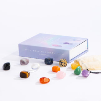Healing Stones box (periwinkle) laying flat with crystals in front