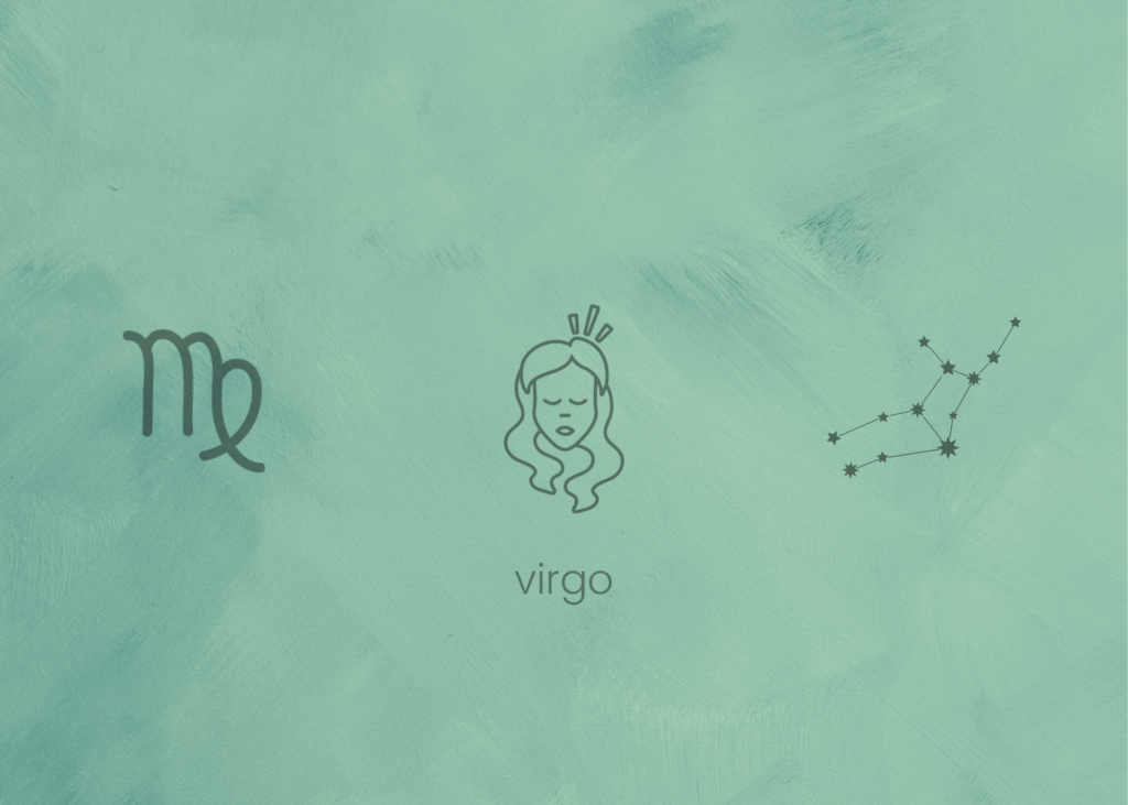 Green watercolor background with the virgo sign, an icon of a woman's face, and the virgo constellation. Labeled Virgo.