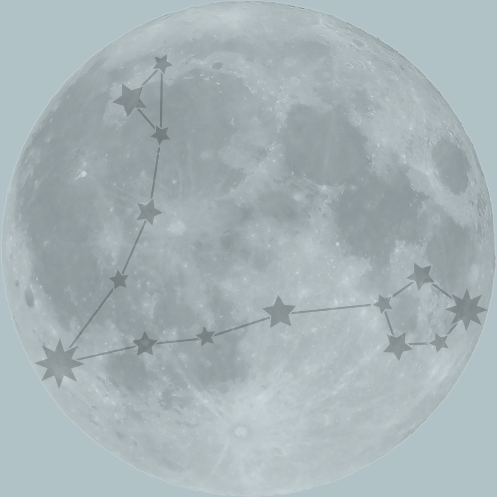 a full moon on a dusty blue background with the pisces constellation