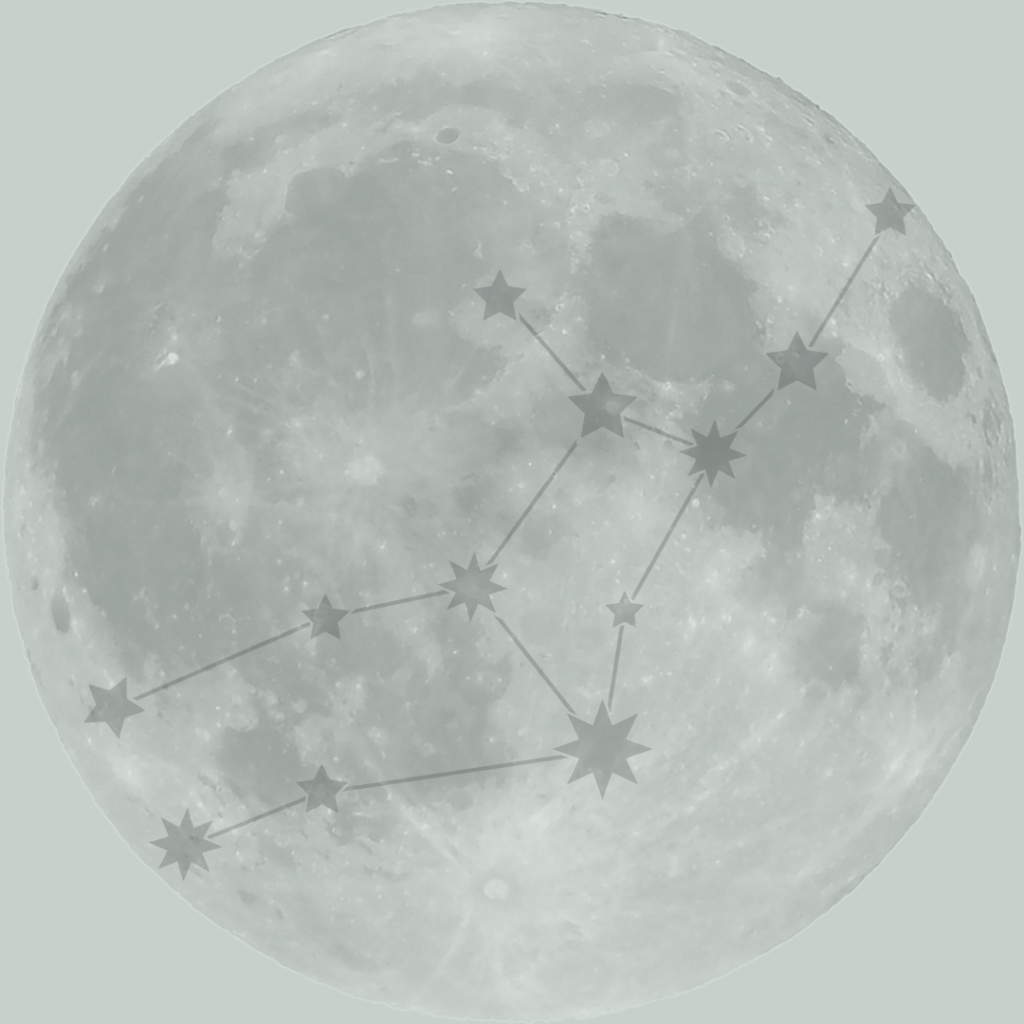a moon with the virgo constellation overlayed on a light green background
